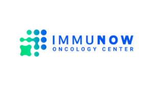 The image displays the logo for IMMUNOW Oncology Center. The logo consists of the word 'IMMUNOW' in bold blue capital letters, with 'Oncology Center' in smaller red font beneath it. To the left of the text, there's a cluster of circular shapes in various sizes and shades of blue and green, resembling a molecular or cellular structure. The background is plain, allowing the logo to stand out.