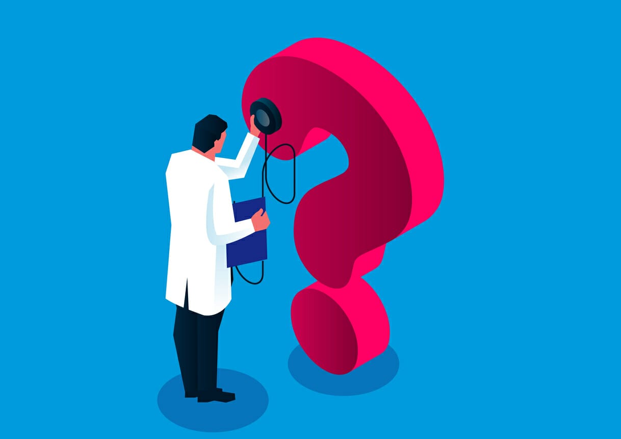 Illustration of a doctor examining a large question mark with a stethoscope, representing frequently asked questions about financial assistance for Non-Hodgkin's Lymphoma patients.