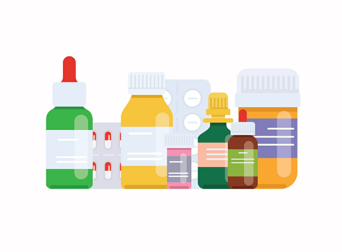 Illustration of various medication bottles and blister packs, representing financial assistance for Non-Hodgkin's Lymphoma patients.