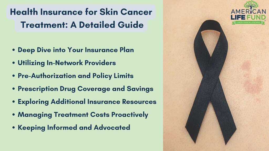 Health Insurance for Skin Cancer Treatment: A Detailed Guide. Key topics: insurance plans, in-network providers, pre-authorization, prescription coverage, additional resources, cost management, staying informed. Black ribbon and American Life Fund logo