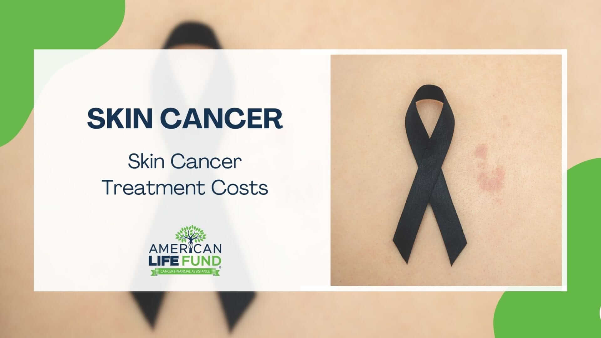 An informative graphic for a blog post highlighting "Skin Cancer Treatment Costs," featuring a black awareness ribbon on the right side with a background image of skin showing a possible cancerous lesion. The left side has a green logo for the American Life Fund with text promoting cancer financial assistance.