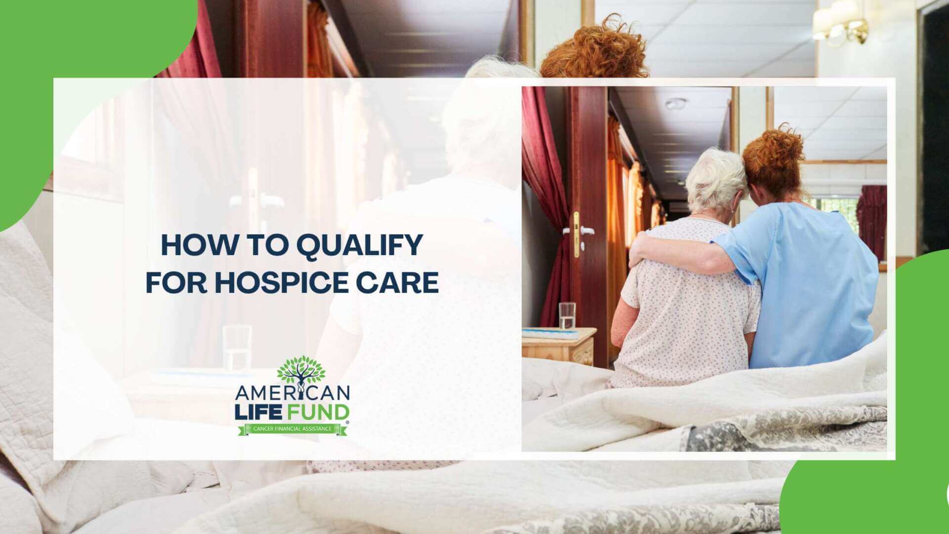 An elderly woman with white hair, wearing a light-colored nightgown, sits on a bed while being supported by a caregiver in blue scrubs. The caregiver has red hair and is gently embracing the elderly woman as they look down a hallway in what appears to be a care facility or hospice center. The setting includes beds, wooden doors, and warm lighting.