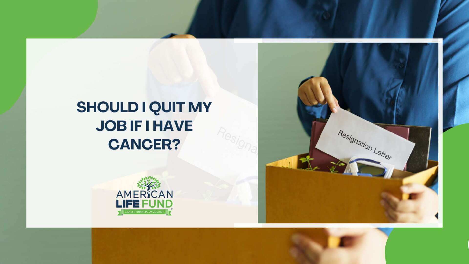 A person wearing a dark blue shirt holds a resignation letter while placing it into a cardboard box filled with office supplies, including books and a small plant.